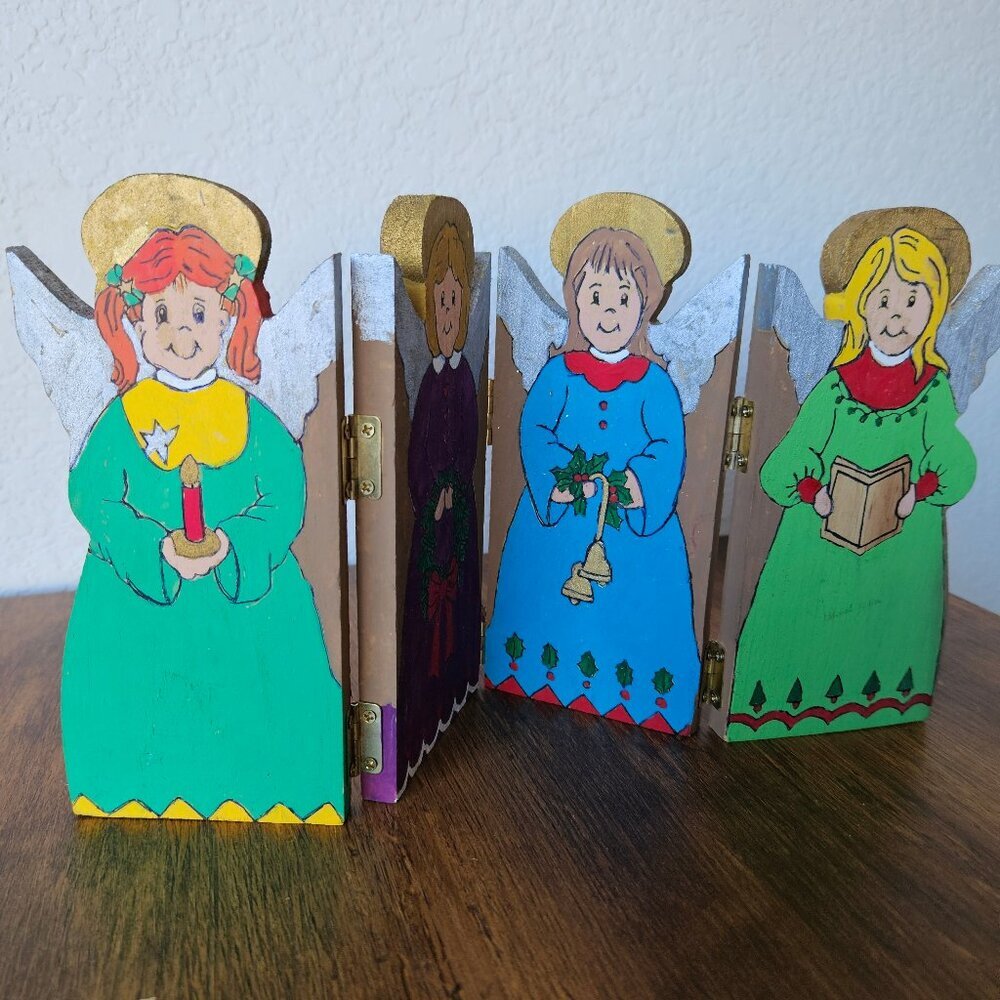 Vintage 70s 80s Handmade Wooden Hand Painted Singing Angels Christmas Decor - Picture 3 of 5